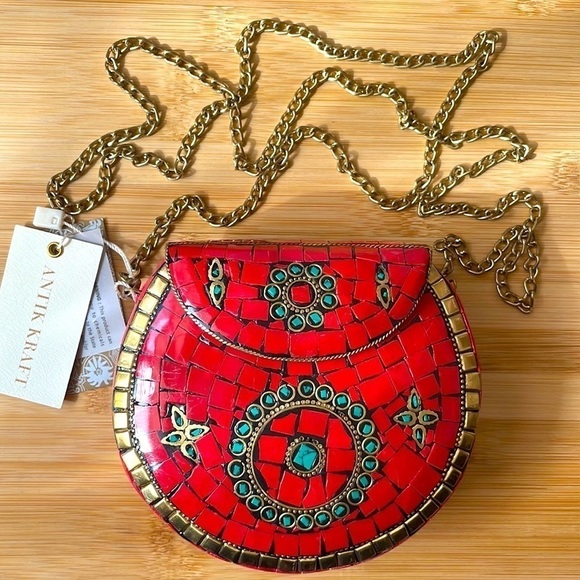Brand New Antik Kraft Handcrafted India Small Metal Clutch Red Berry Chain Purse - Picture 15 of 15